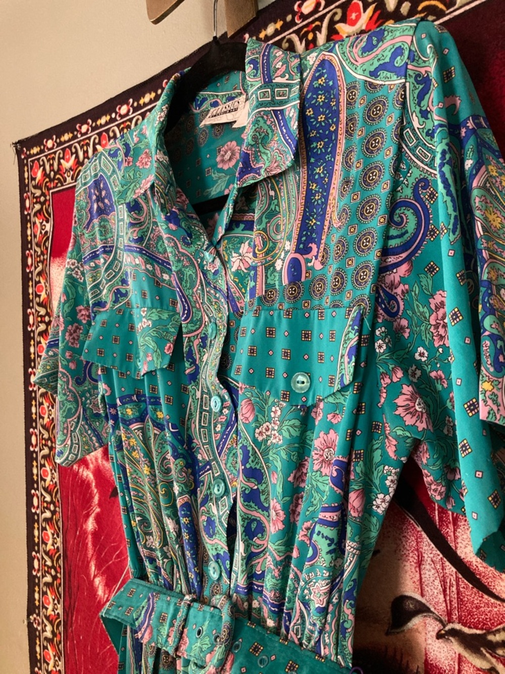 Vintage Classics by Leslie Fay Belted Dress Teal Paisley Print Belted Midi - Picture 3 of 5